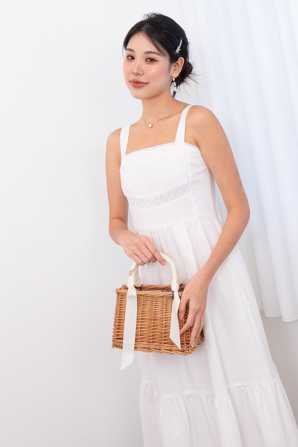 Breeda Pin Tuck Lattice Midi Dress in White