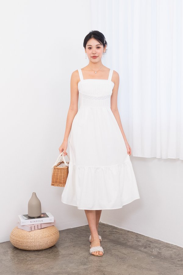 Breeda Pin Tuck Lattice Midi Dress in White