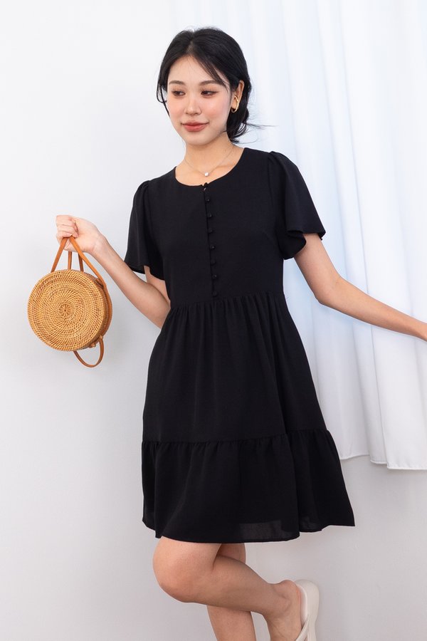 Klynn Flutter Sleeve Buttons Babydoll Dress in Black