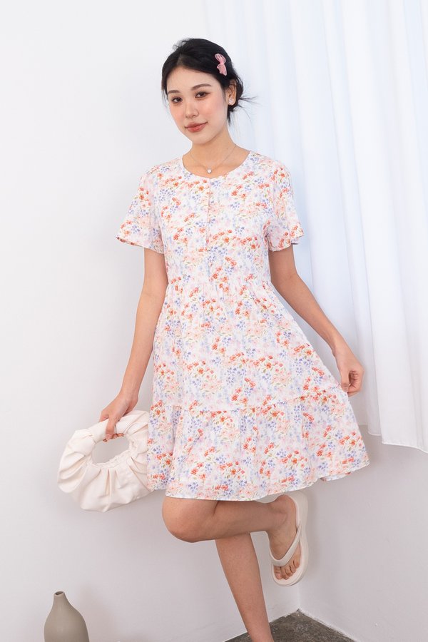 Klynn Flutter Sleeve Buttons Babydoll Dress in Orange Florals