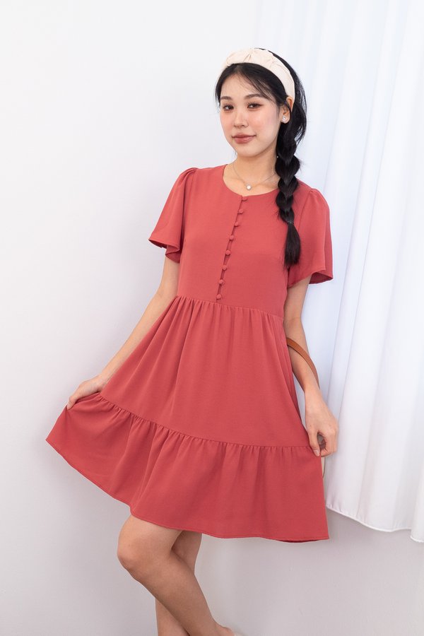 Klynn Flutter Sleeve Buttons Babydoll Dress in Rosewood