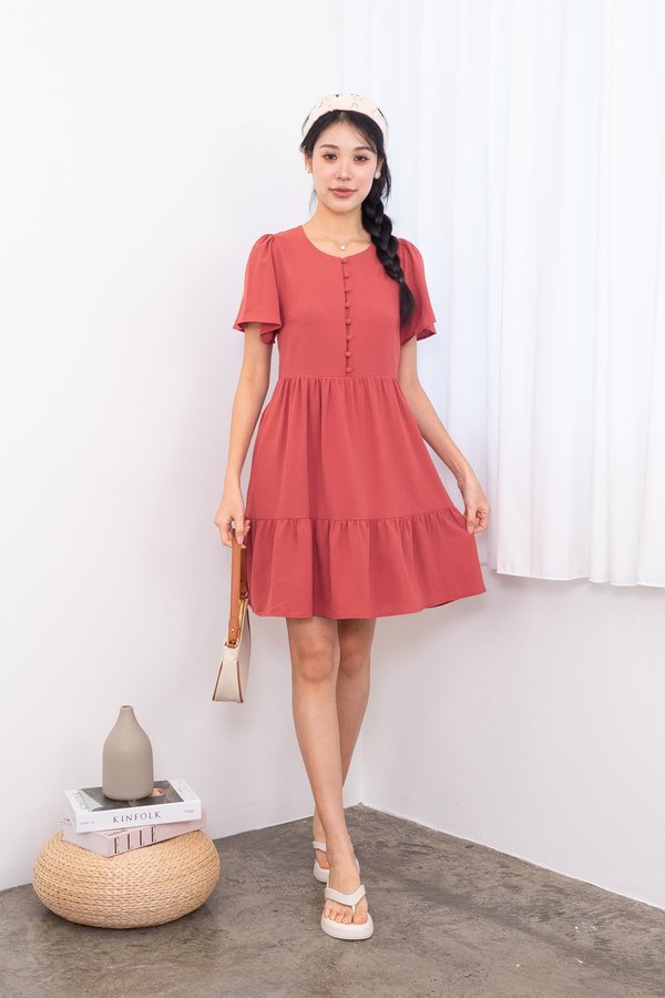 Klynn Flutter Sleeve Buttons Babydoll Dress in Rosewood