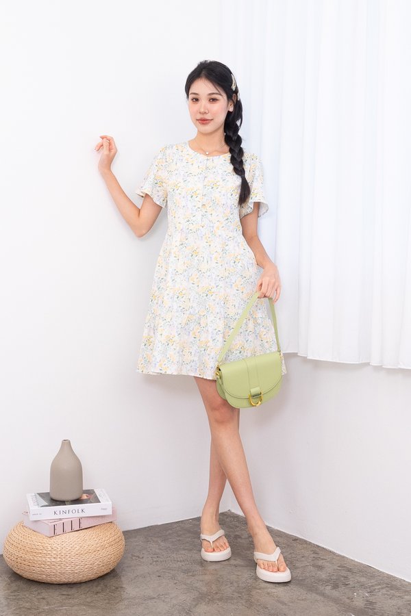 Klynn Flutter Sleeve Buttons Babydoll Dress in Yellow Florals