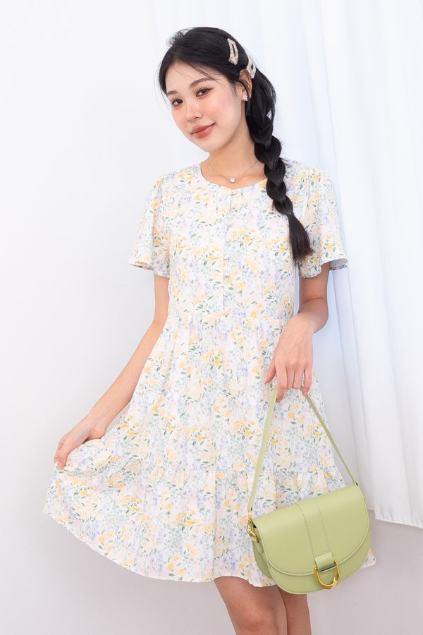 Klynn Flutter Sleeve Buttons Babydoll Dress in Yellow Florals