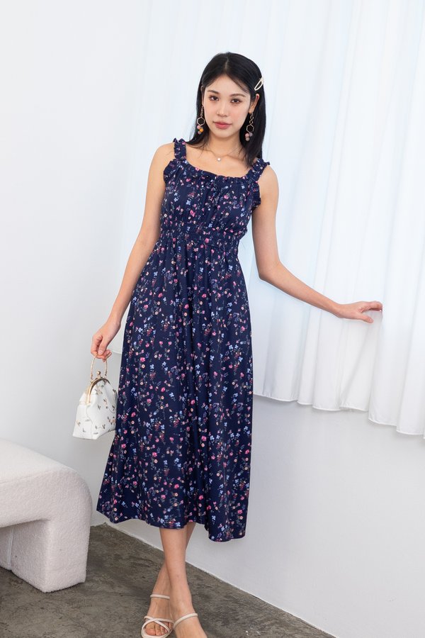 Rashelle Scoop Neck Frills Ruched Maxi Dress in Navy Florals