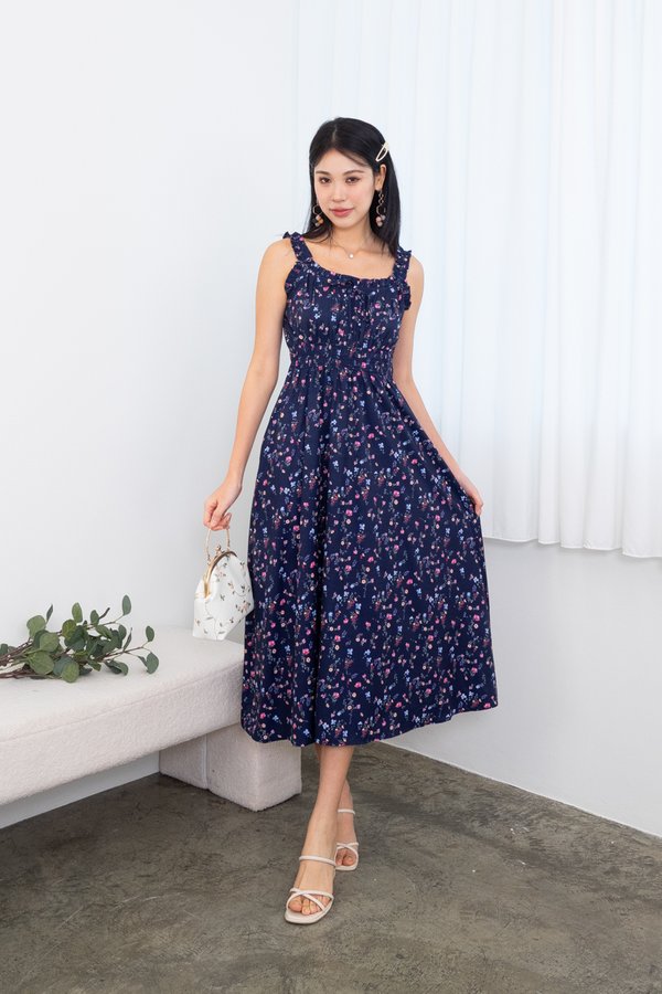 Rashelle Scoop Neck Frills Ruched Maxi Dress in Navy Florals