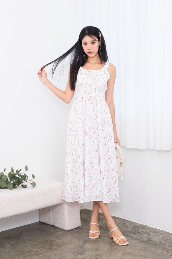Rashelle Scoop Neck Frills Ruched Maxi Dress in White Florals