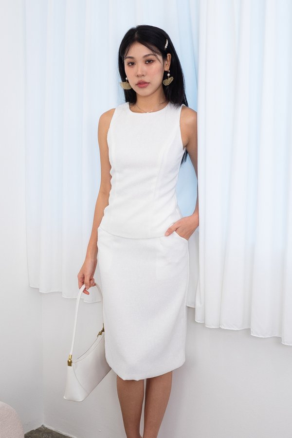 Valeria Soft Tweed Pencil Skirt in White