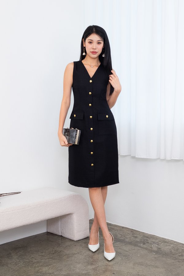 *PREORDER* Jaylin Tweed Gold Button Midi Dress in Black