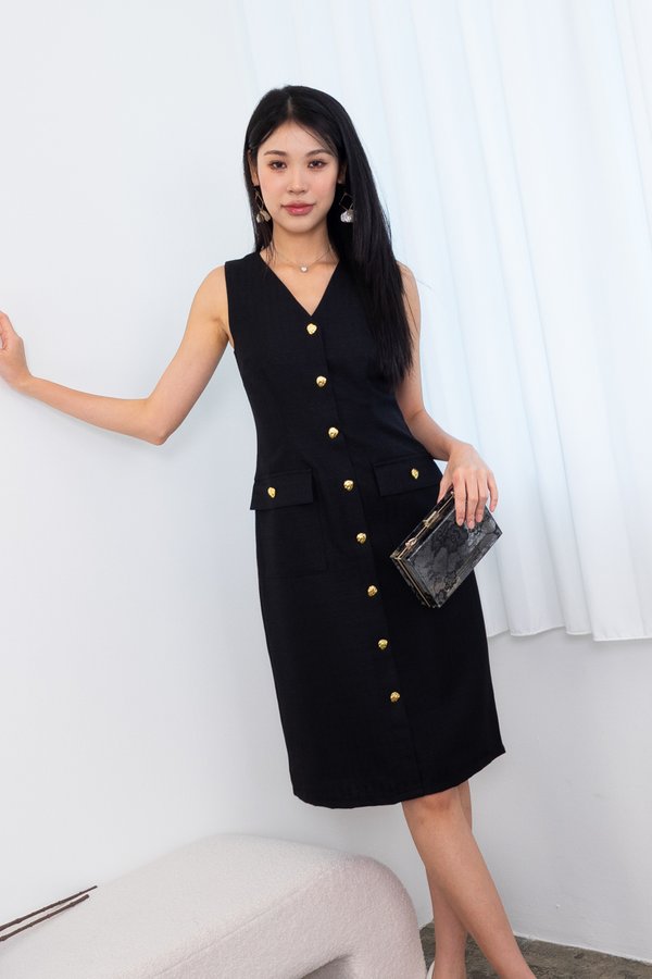 *PREORDER* Jaylin Tweed Gold Button Midi Dress in Black