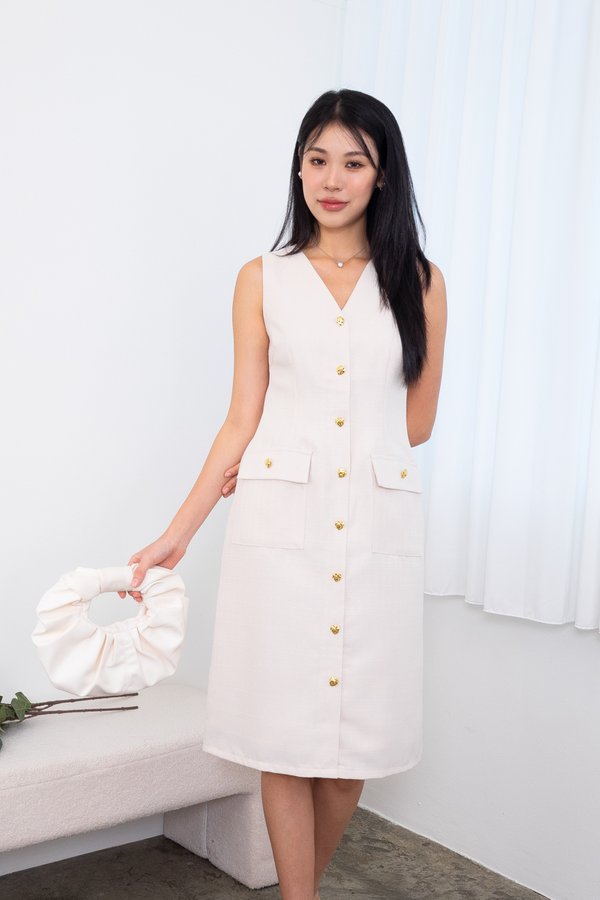 *PREORDER* Jaylin Tweed Gold Button Midi Dress in Cream