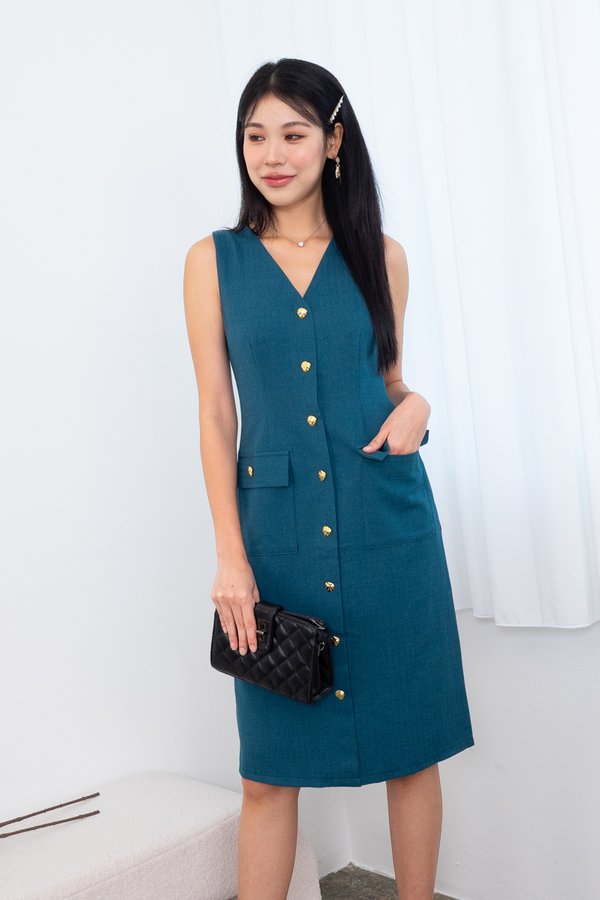 *PREORDER* Jaylin Tweed Gold Button Midi Dress in Emerald