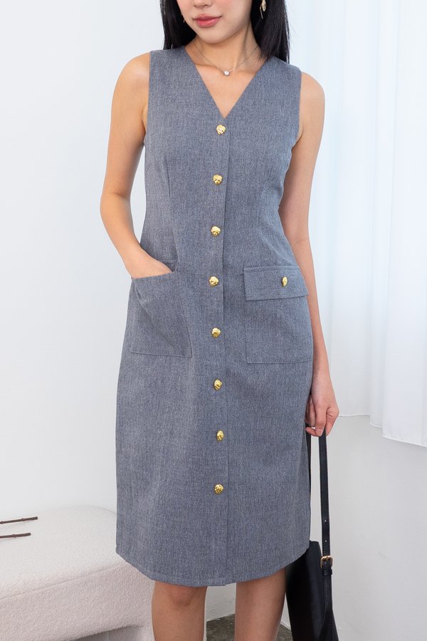 *PREORDER* Jaylin Tweed Gold Button Midi Dress in Heather Grey