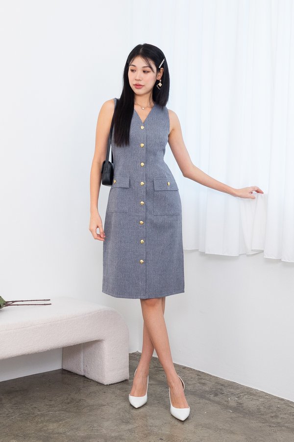 *PREORDER* Jaylin Tweed Gold Button Midi Dress in Heather Grey