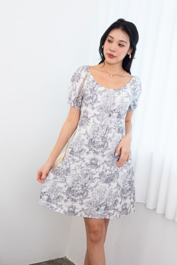 Kamie Porcelain Puffy Sleeves Babydoll Dress in Black