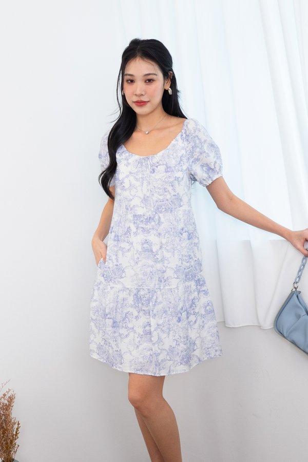 Kamie Porcelain Puffy Sleeves Babydoll Dress in Blue