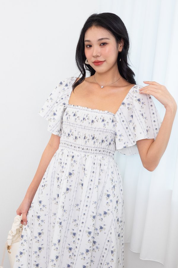 Paige Multi-wear Smocked Maxi Dress in Rose Lattice Blue
