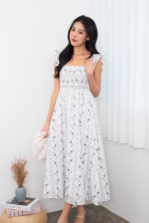 Paige Multi-wear Smocked Maxi Dress in Rose Lattice Blue