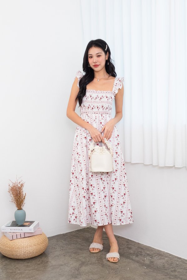 Paige Multi-wear Smocked Maxi Dress in Rose Lattice Red