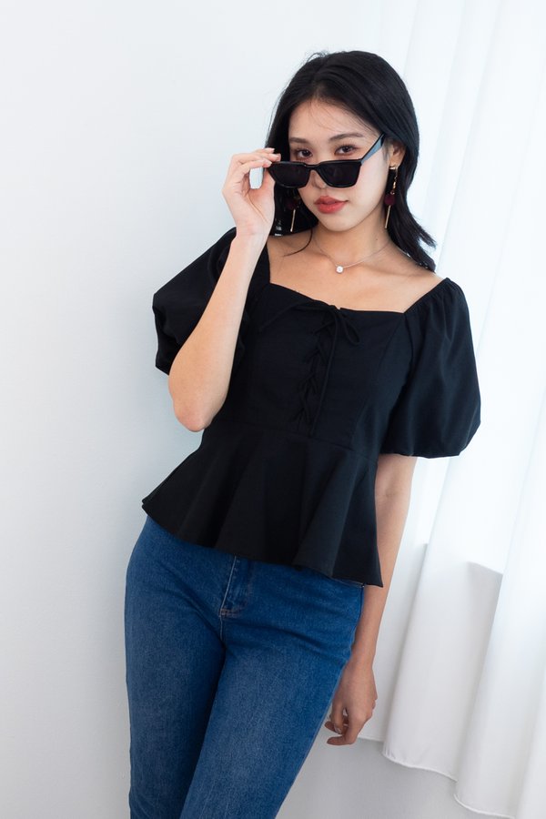 *PREORDER* Gretel Puffy Sleeves Lace Up Peplum Top in Black