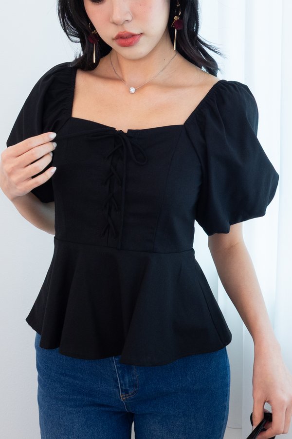 *PREORDER* Gretel Puffy Sleeves Lace Up Peplum Top in Black