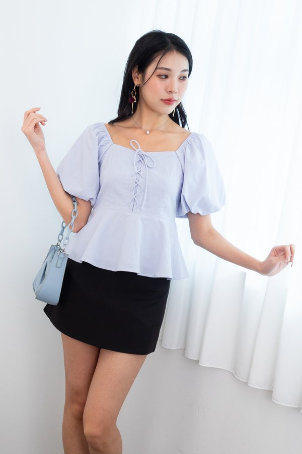*PREORDER* Gretel Puffy Sleeves Lace Up Peplum Top in Powder Blue