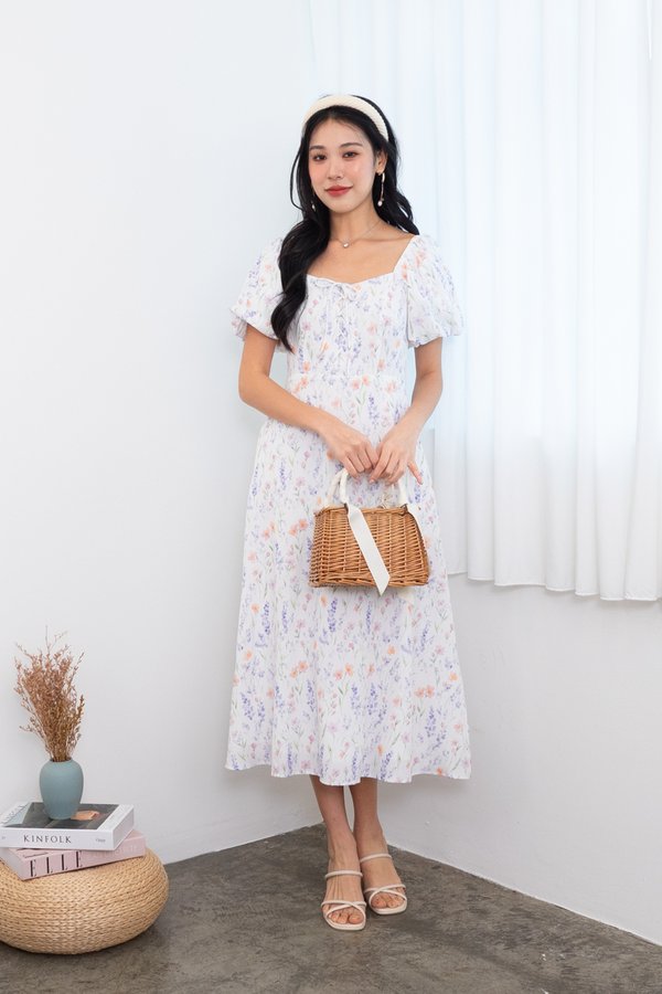 *PREORDER* Malinda Puffy Sleeve Lace Up Midi Dress in White Florals