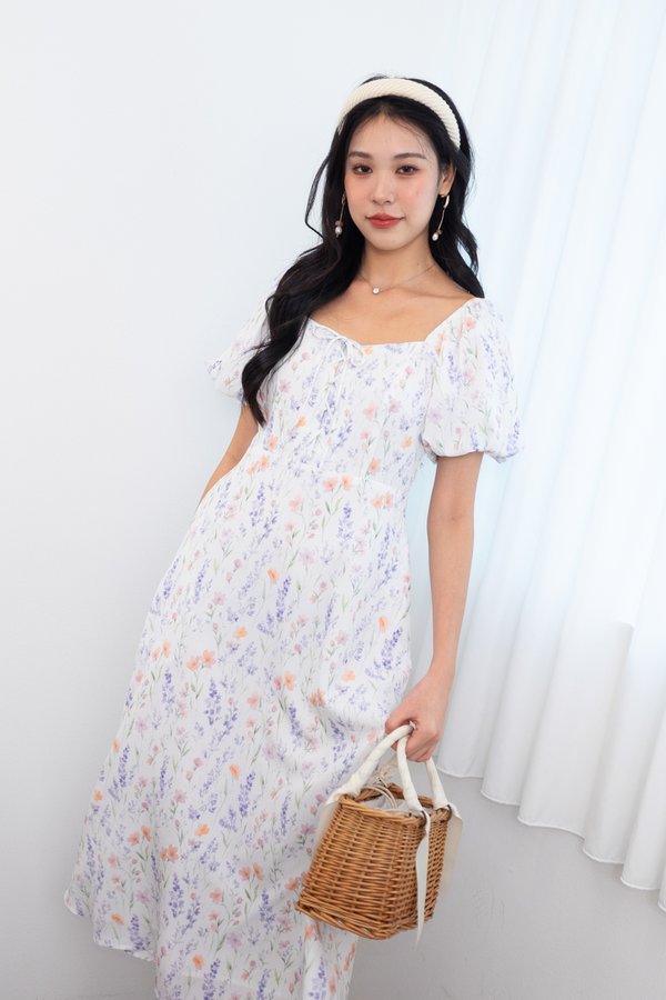 *PREORDER* Malinda Puffy Sleeve Lace Up Midi Dress in White Florals