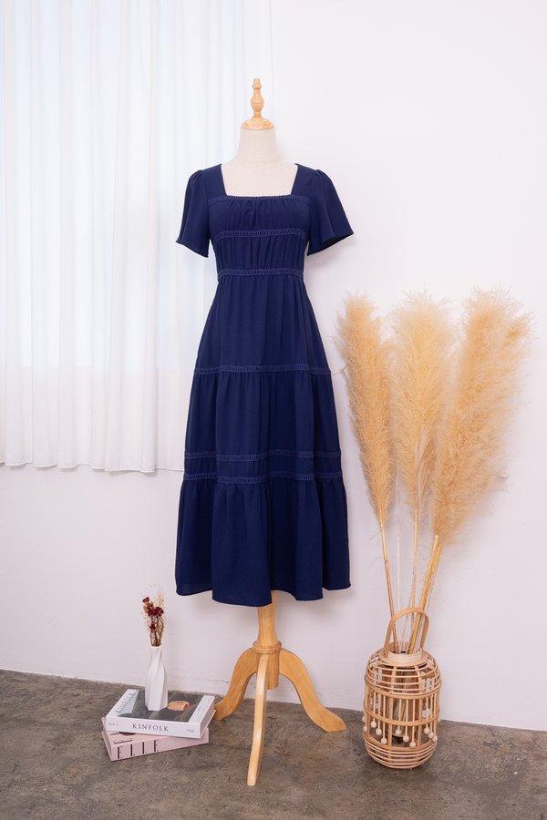 *PREORDER* Raine Flutter Sleeve Lattice Tier Maxi Dress in Navy