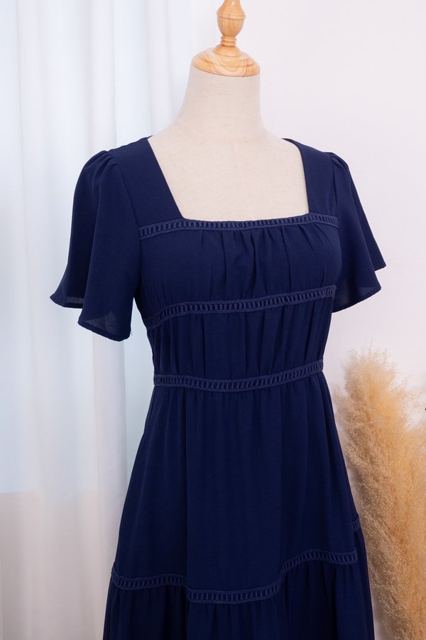 *PREORDER* Raine Flutter Sleeve Lattice Tier Maxi Dress in Navy