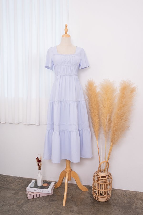 *PREORDER* Raine Flutter Sleeve Lattice Tier Maxi Dress in Powder Blue