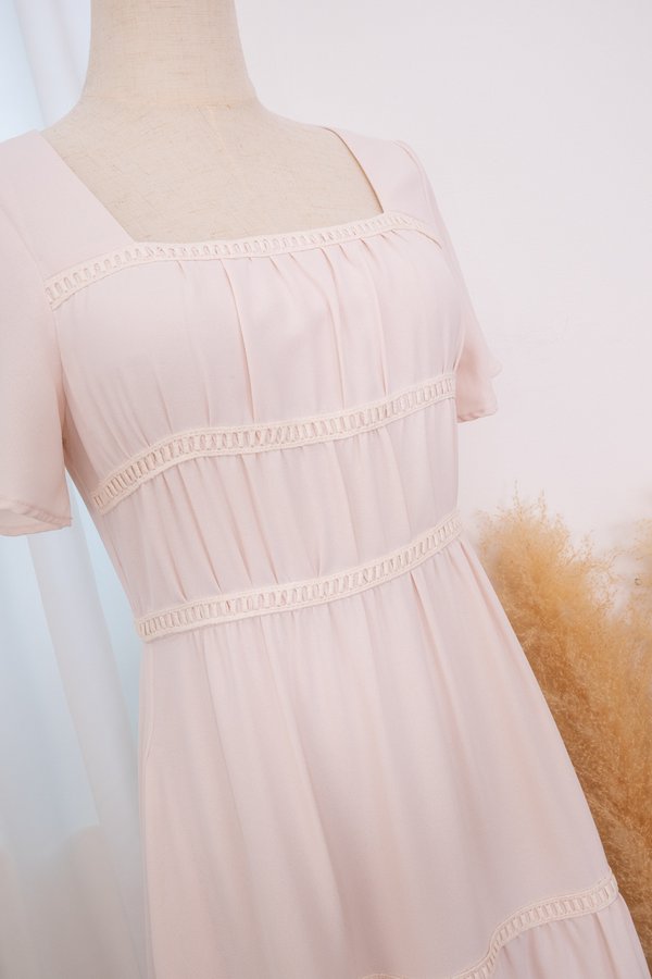 *PREORDER* Raine Flutter Sleeve Lattice Tier Maxi Dress in Cream