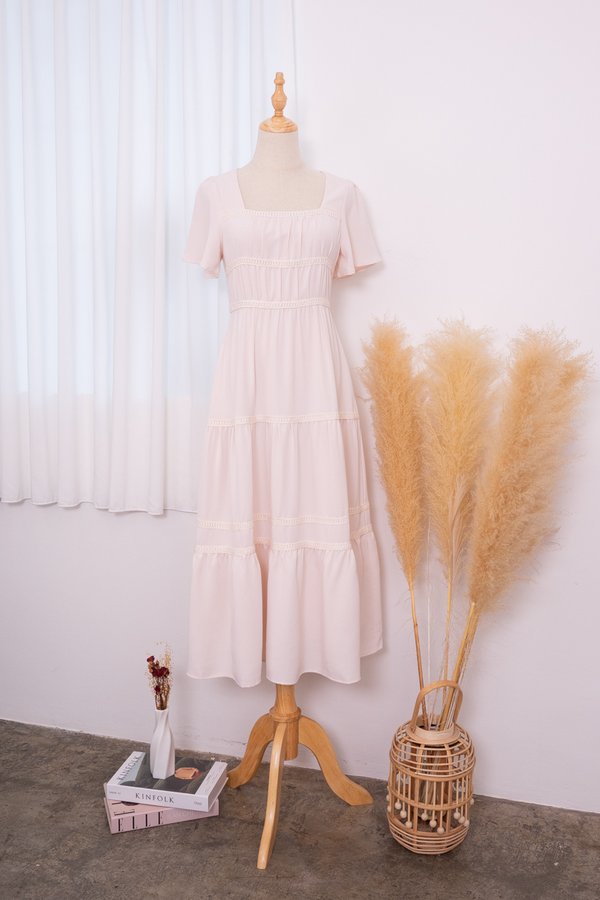 *PREORDER* Raine Flutter Sleeve Lattice Tier Maxi Dress in Cream