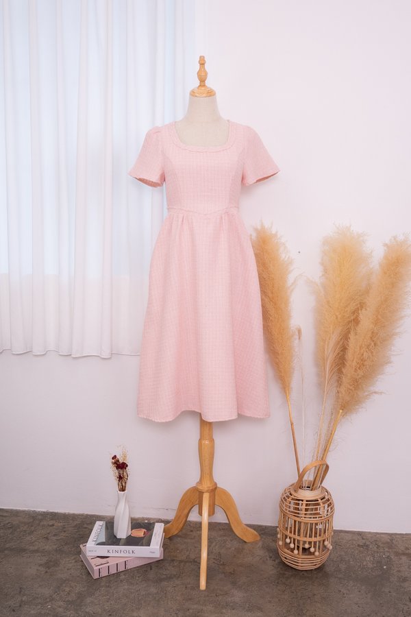 *PREORDER* Wynelle Tweed V Waist Midi Dress in Pink