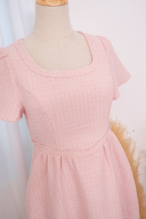 *PREORDER* Wynelle Tweed V Waist Midi Dress in Pink
