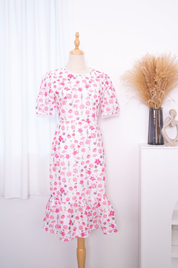 Isabella Crochet Ruffled Mermaid Hem Dress in Pink