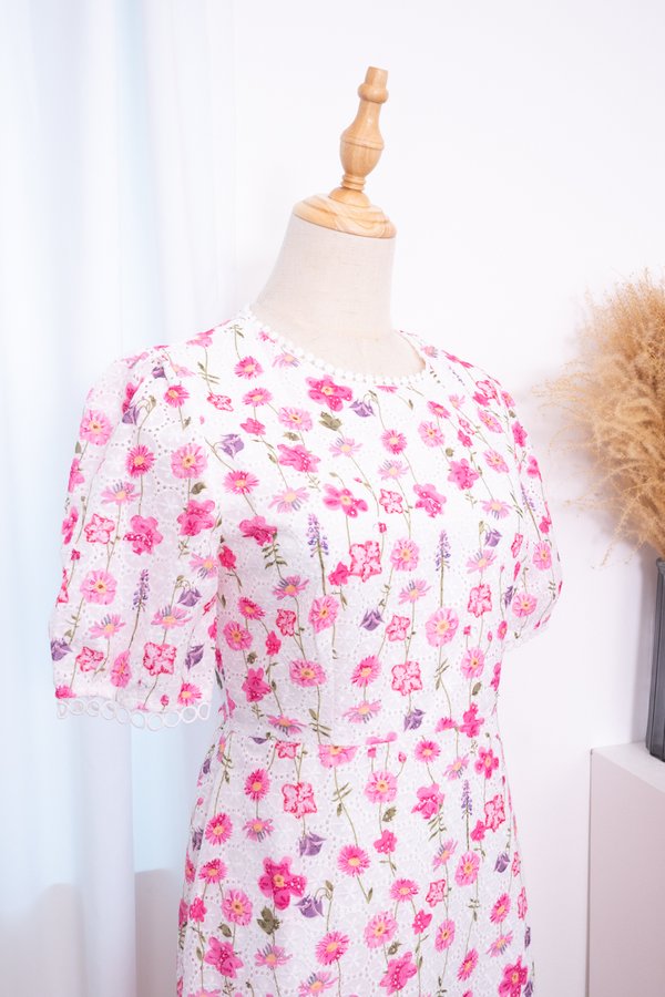 Isabella Crochet Ruffled Mermaid Hem Dress in Pink