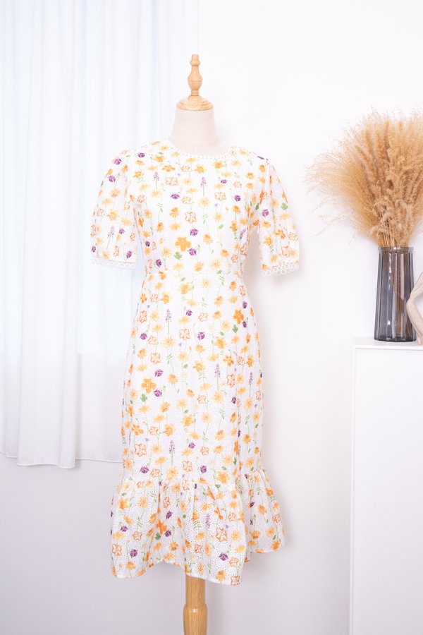 Isabella Crochet Ruffled Mermaid Hem Dress in Yellow