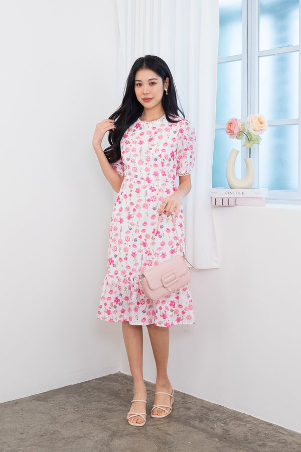 Isabella Crochet Ruffled Mermaid Hem Dress in Pink