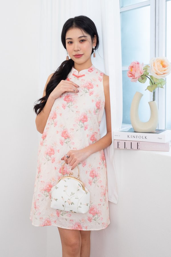 Jin Xiu (锦绣) Floral Print Embroidery Swing Dress in Rose Pink