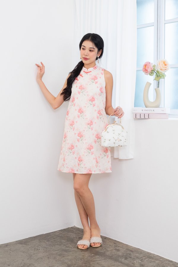 Jin Xiu (锦绣) Floral Print Embroidery Swing Dress in Rose Pink