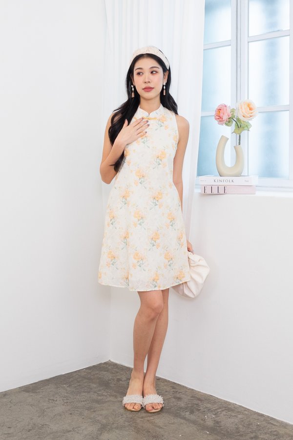 Jin Xiu (锦绣) Floral Print Embroidery Swing Dress in Rose Yellow