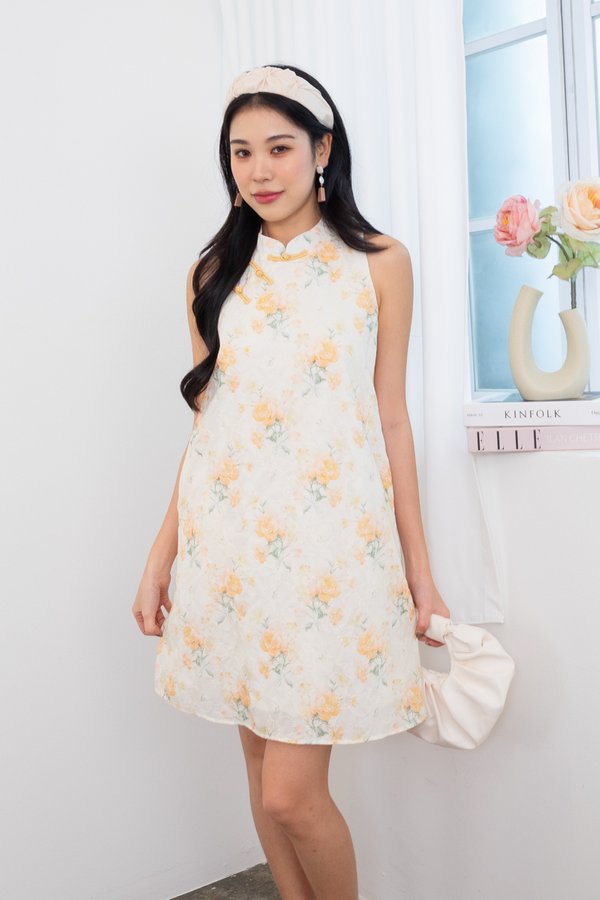 Jin Xiu (锦绣) Floral Print Embroidery Swing Dress in Rose Yellow