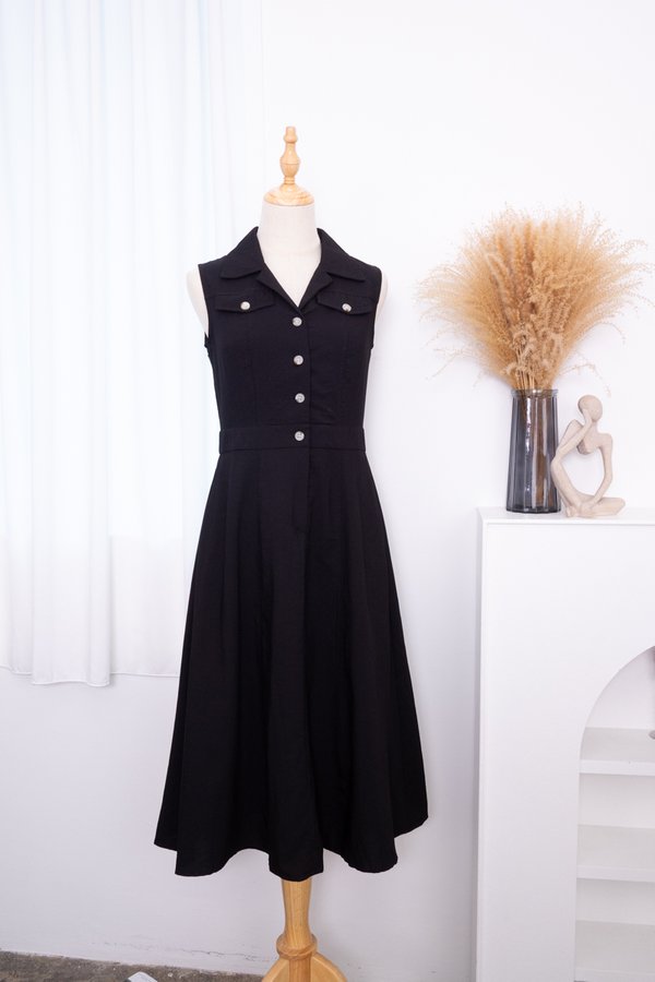 Noriko Button Down Midi Dress in Black
