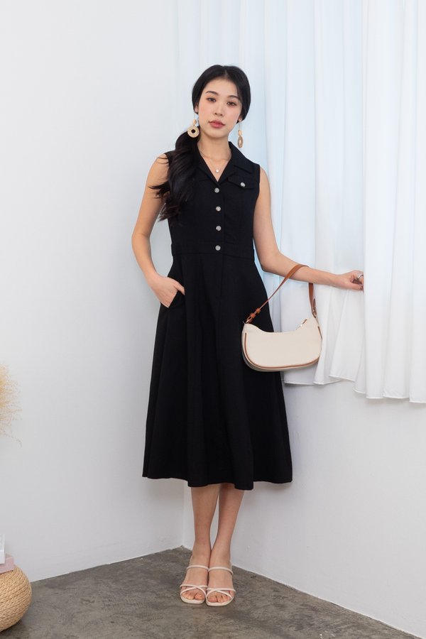 Noriko Button Down Midi Dress in Black