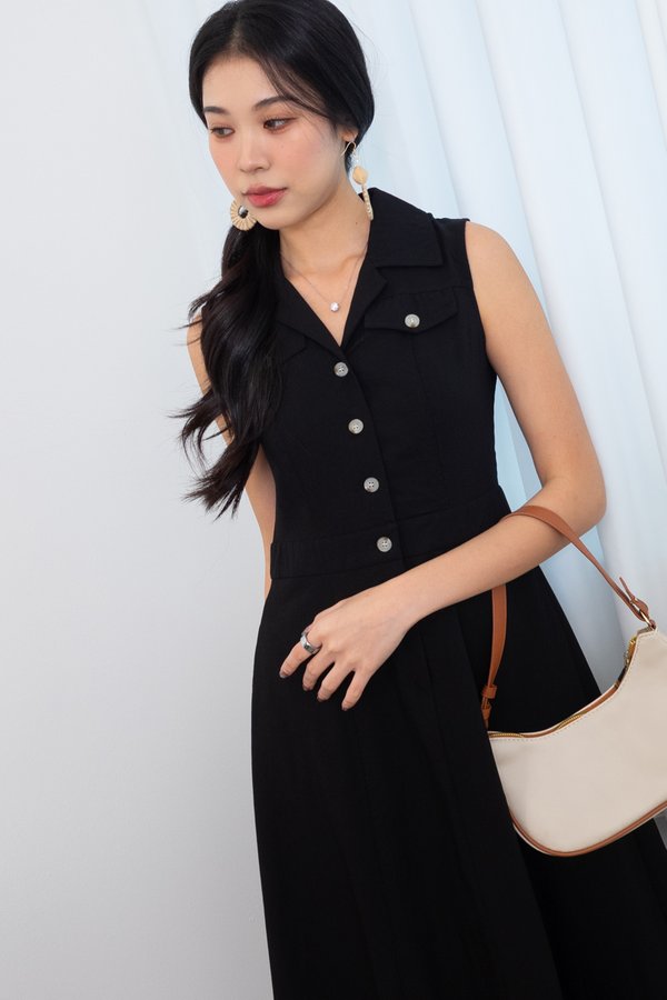 Noriko Button Down Midi Dress in Black