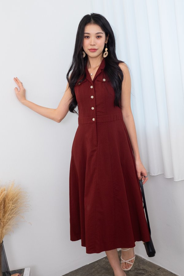 Noriko Button Down Midi Dress in Maroon