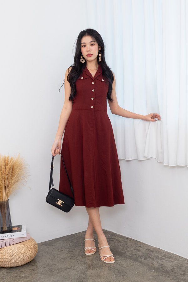 Noriko Button Down Midi Dress in Maroon