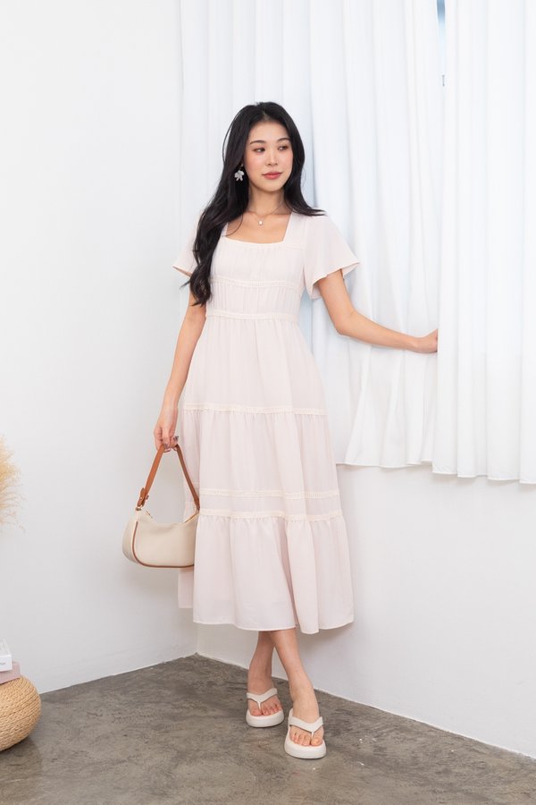 Raine Flutter Sleeve Lattice Tier Maxi Dress in Cream