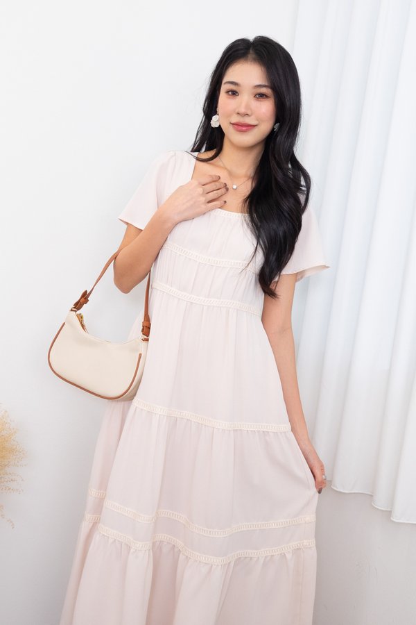 Raine Flutter Sleeve Lattice Tier Maxi Dress in Cream